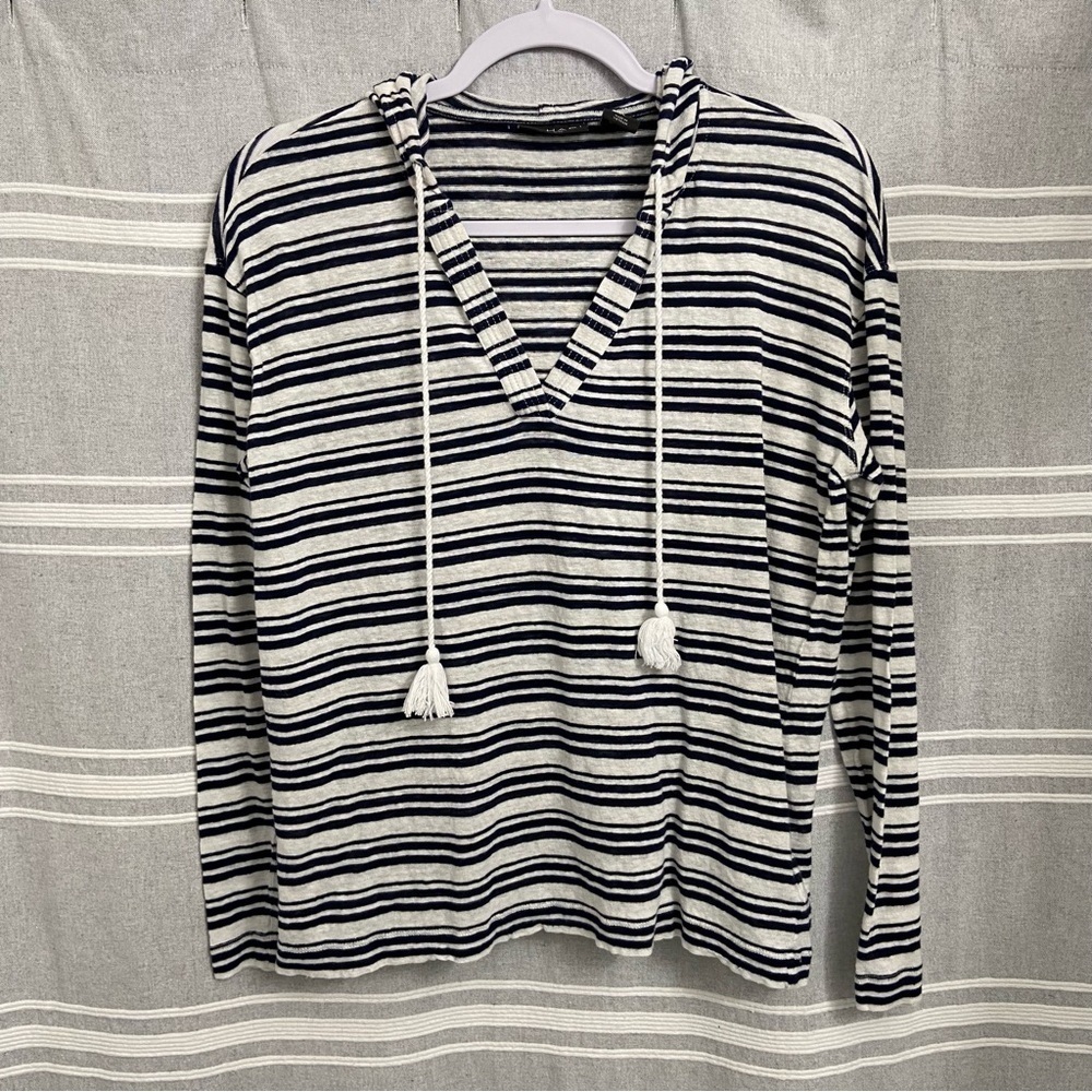 TAHARI / Black & White Striped Hooded Linen Long Sleeve Shirt Size S